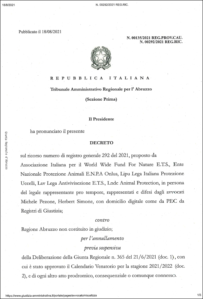 Decreto Cautelare contro la Regione Abruzzo - 20210818
